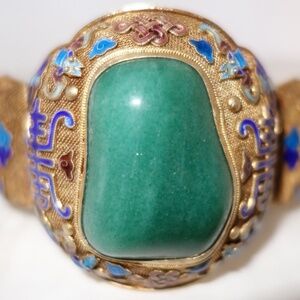 big ANTIQUE CHINESE BRACELET STERLING FILIGREE scholar Chalcedony VERMEIL ENAMEL